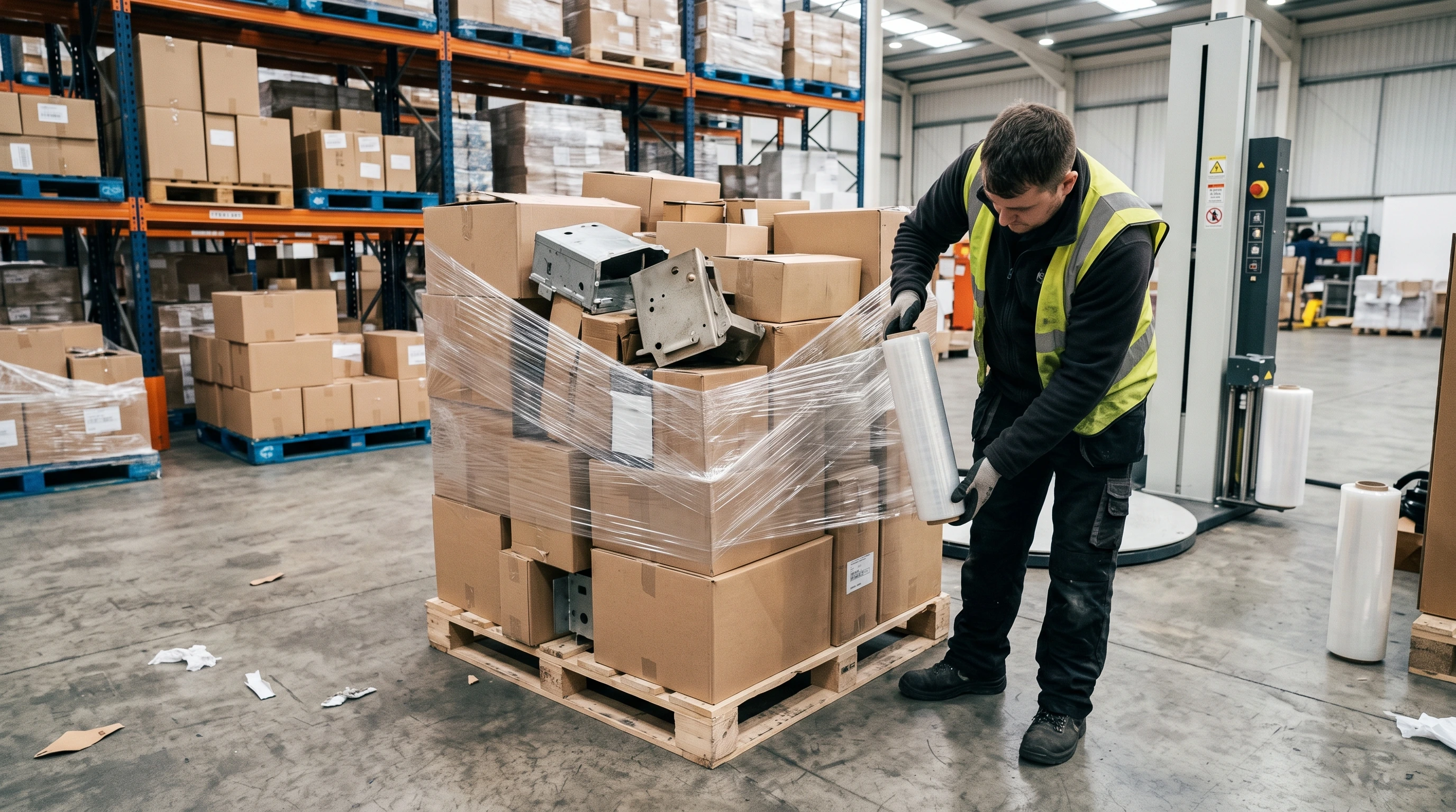 Operator hand wrapping a pallet of cartons and metal parts